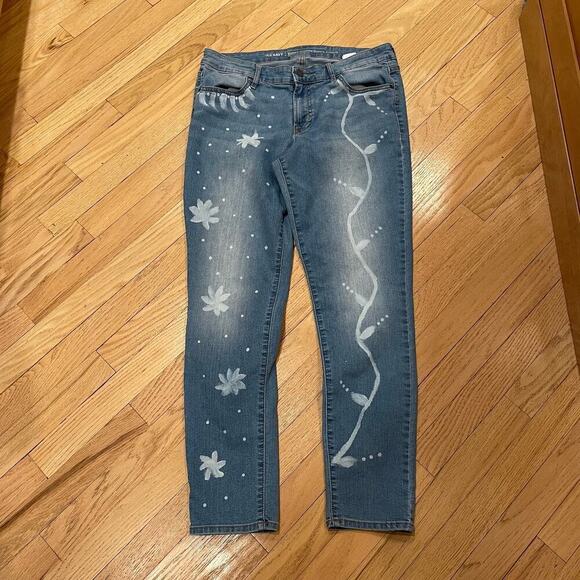 Hand reverse dyed painted flowers vines Jeans size 12 skinny - Picture 2 of 10